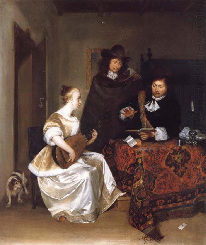A Woman Playing a Theorbo to Two Men, Gerard Ter Borch